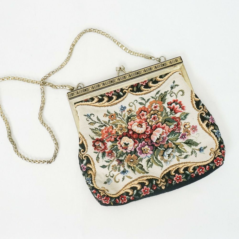 Vintage Purse Tapestry Floral Metal Clasp Frame